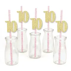 Big Dot of Happiness Gold Glitter 10 Party Straws - No-Mess Real Gold Glitter Cut-Out Numbers & Decorative 10th Birthday Party Paper Straws - 24 Ct