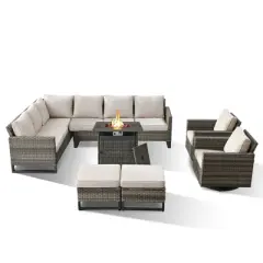 Buenhomino 8 Pieces Outdoor Patio Furniture Set with Fire Pit,L-Shaped Modular Sectional Couches with Swivel Patio Chairs,Wicker Conversation Set
