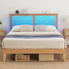 Deluxe Solid Wood Bed Frame with Natural Rattan Headboard, Queen Size Platform Bed Frame with LED Lights