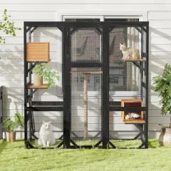 Outdoor Cat House, DIY Cat Enclosure, Cat Catio with Double Enter Doors, Balcony Cat Playpen with Platforms & Double Condos for 1-3 Cats - ModernLuxe