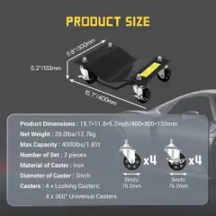 Car Dolly Capacity Heavy Duty Wheel Dollies for Moving Vehicles - 3" Steel Wheels with Tire Protection - Fits Cars, SUVs