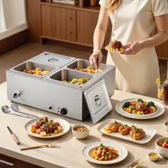 VEVOR Commercial Food Warmer, 1500W Electric Stainless Steel Steam Food Warmer with Lid, 4-Pan Fast Heating Countertop Buffet Bain Marie, Silver