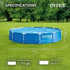 Intex 12' x 30" Round Metal Frame Outdoor Above Ground Swimming Pool Set with Filter Pump, Cartridges, 42 Inch Steel Pool Ladder, and Secure Cover