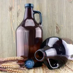 Cornucopia Brands-64oz Glass Growler Jugs Amber with Black Phenolic Lids 2pk