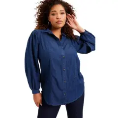 June + Vie by Roaman's Women&rsquo;s Plus Size Blouson-Sleeve Chambray Top