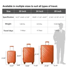 Syemin Luggage 3-Piece Luggage Sets (20", 24", 28"), Suitcase with Wheels, Hardside Suitcase with 4 Spinner Wheels, Orange, 21.65"*13.19"*31.1"