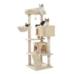 DOMETOUR Multi-Functional 56.2"H Cat Tree Cat Climbing Frame, Cat Tower with Scratching Post/2 Condos/Top Perch/Hammock/Ladder/Dangling Ball