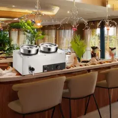 VEVOR Electric Soup Warmer, Dual 7.4QT Stainless Steel Round Pot, 1200W Commercial Food Warmer, 86~185&deg;F Adjustable Temp