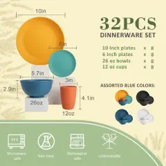 Itopfox Wheat Straw Dinnerware Set of 32, Unbreakable Plates and Bowls for 8, Dishwasher Safe for Kitchen and Camping, Vibrant Series