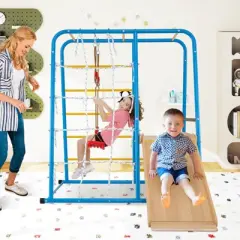 Costway 6-in-1 Indoor Jungle Gym with Slide Swing Monkey Bars Climbing Ladder Rope Wall