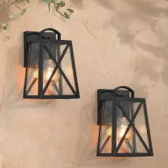 2pk 9" Metal/Glass Square Outdoor Wall Lights Matte Black - LNC