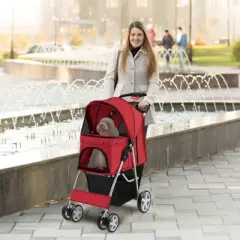 Costway 4 Wheel Pet Stroller w/ Storage Basket & Tray Adjustable Canopy Pets Burgundy