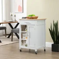 HOMCOM Compact Kitchen Island Cart on Wheels, Rolling Utility Trolley Cart with Storage Shelf & Drawer for Dining Room