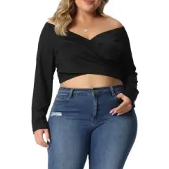 Agnes Orinda Women's Plus Size Off Shoulder Crop Cross Wrap Fashion Blouse