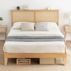Bed Frame with Natural Rattan Headboard, Platform Queen Bed Frame with Lights, Mattress Foundation, Noise-Free