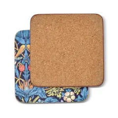 Pimpernel Morris & Co Strawberry Thief Red Collection Coasters, Set of 6, 4.25" Square, Cork Backed Board, Heat and Stain Resistant