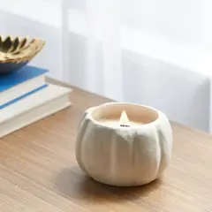 12oz Brushed Abstract Pumpkin Ceramic with Woodwick and Dustcover Dried Leaves + Hickory Candle - Threshold&trade;