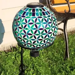 Sunnydaze Blue Cool Blooms Glass Mosaic Indoor/Outdoor Gazing Globe with Solar Light - 10" Diameter - Blue and Green