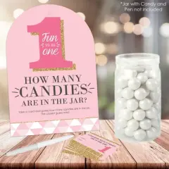 Big Dot of Happiness 1st Birthday Girl - Fun to be One - How Many Candies First Birthday Party Game - 1 Stand and 40 Cards - Candy Guessing Game