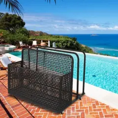 Pool Storage Bin, Rolling Poolside Float Storage with Towel Rack and Wheels, PE Rattan Mesh Organizer