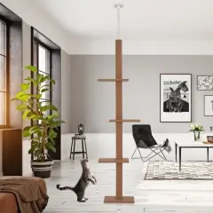 PawHut Floor to Ceiling Cat Tree Cat Climbing Tower with Sisal-Covered Scratching Posts Natural Cat Tree Activity Center for kittens