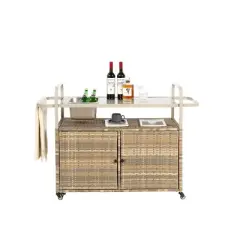 Outdoor Bar Cart with Ice Bucket and Storage Wicker Serving Table with Steel Top Lockable Wheels and Side Basket for Patio or Poolside -The Pop Home