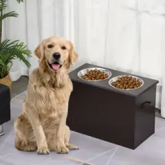 DSVIMOY Raised Pet Feeding Storage Station with 2 Bowls, Base for Large Dogs and Other Large Pets, Dark Brown, 23.5"*11.75"*16.25"