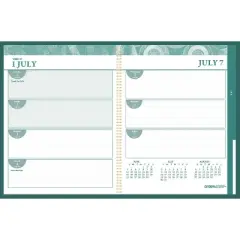 100% Recycled MonoBright Monthly/Weekly Planner, 11 x 8.5, Green/Gold Cover, 12-Month (July to June): 2025 to 2026