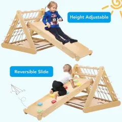 2-in-1 Wooden Climber with Net, Slide Ramp, Sandbags & Board - 3-Sided Triangle Gym Playset for Kids Boys Girls Home/Daycare