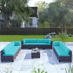 ALAULM 14 Pieces Outdoor Patio Furniture Set Outdoor Sectional Rattan Sofa Set Brown Manual Wicker Patio Conversation Set