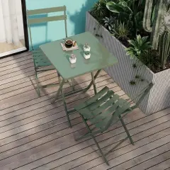 3-Piece Folding Table and Chairs, Outdoor Bistro Set, Metal Square Folding Table with 2 Chairs, Collapsible Portable Patio Chat Set &ndash; Cuddlewood