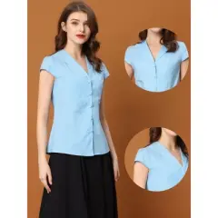 Allegra K Women's V Neck Collared Work Shirt Cap Sleeve Button Down Blouse