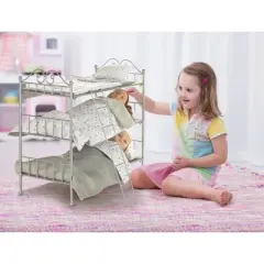 Badger Basket Scrollwork Metal Triple Doll Bunk Bed with Ladder and Bedding - Silver/Pink/Stars