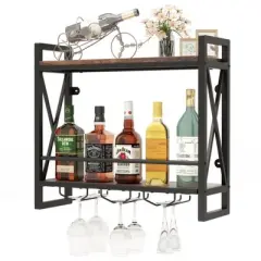 MOEPISY Wall Mounted Wine Rack with 2 Tier Shelves and 3 Glass Holders