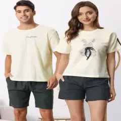 cheibear Men's Sleepwear Short Sleeve T-Shirt with Shorts Cute Print Couple Pajama Sets