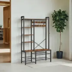 Hall Tree with Bench and Shoe Storage, Entryway Coat Rack with Shoe Bench, 5 Storage Shelves, 9 Coat Hooks, 6 Side Hooks, 15.7 x 47.2 x 74.8 Inches