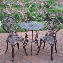 3pc Rose Cast Metal Set with Cast Aluminum Table Top & Chairs - Oakland Living