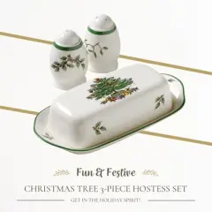 Spode Christmas Tree 3-Piece Hostess Set - Butter Dish with Lid, Salt Shaker, Pepper Shaker  - Dishwasher Safe Collectible Gift Set