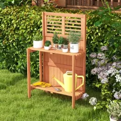 Costway Wood Potting Bench Waterproof Garden Table with 2-Tier Open Storage Shelf
