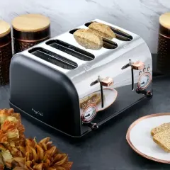MegaChef 4 Slice Wide Slot Toaster with Variable Browning in Black and Rose Gold: Stainless Steel, Defrost, Bagel, 1500W