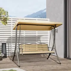 Outsunny 3-Seat Patio Swing Chair, Outdoor Canopy Swing Glider with Cushion, Adjustable Shade, and Slatted Design, for Porch, Garden, Poolside, Beige