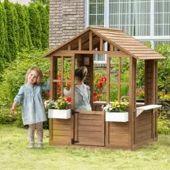 Dronkon Kids Wooden Playhouse, Outdoor Garden Games Cottage, with Working Door, Windows, Flowers Pot Holder