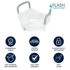 Flash Furniture HERCULES White Elevated Toilet Seat with Height Adjustable Padded Arms and Locking Safety Mechanism