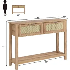 Rattan Console Table with 2 Drawers, Wooden Entryway Table with Rattan Sliding Door