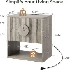 Mid Century Modern Nightstand, Fluted Night Stand with Charging Station, 2 Drawers & Open Shelf, 22.6" Wide Wood Bedside Table, Sofa End Table