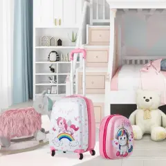 Costway 2 Pcs Kids Luggage Set 12&rdquo; Backpack & 16&rdquo; Kid Carry On Suitcase for Boys Girls Pink