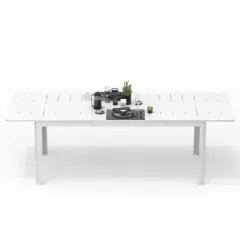 DOMETOUR Patio Dining Expandable Table, Metal Aluminum Outdoor Table for 6-8 Person Rectangular Table for Porch Lawn Garden Bistro(Ivory White)