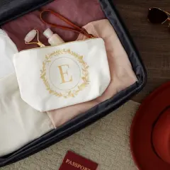 Gold Initial E Personalized Makeup Bag for Women, Monogrammed Canvas Cosmetic Pouch (White, 10 x 3 x 6 In)