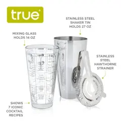 True 3-Piece Barware Set with 7 Cocktail Recipes and Measurements Printed on Mixing Glass, Glass and Stainless Steel, Multicolor