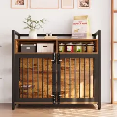 Furniture Dog Crate, Large Dog Crate Furniture with Drawers, 360&deg; and Adjustable Raised Feeder, Wooden Dog Crate for Large Medium Dog Indoor